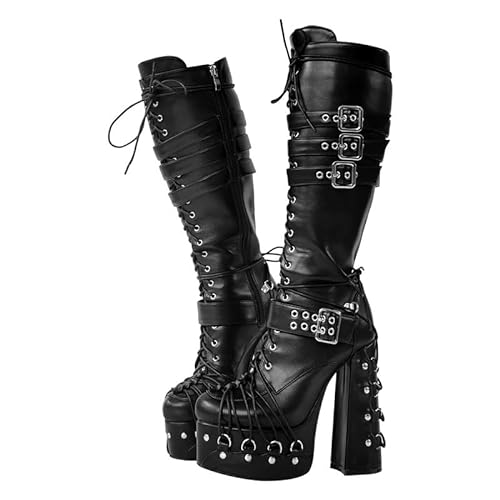 blingqeen Punk Stiefel Plateau Schnürstiefel für Damen Blockabsatz Gothic Boots Schwarz 38 EU von blingqueen