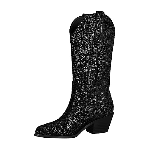 blingqueen Cowboy Stiefel Damen Glitzer Boots Western Absatz Schwarz 36 EU von blingqueen