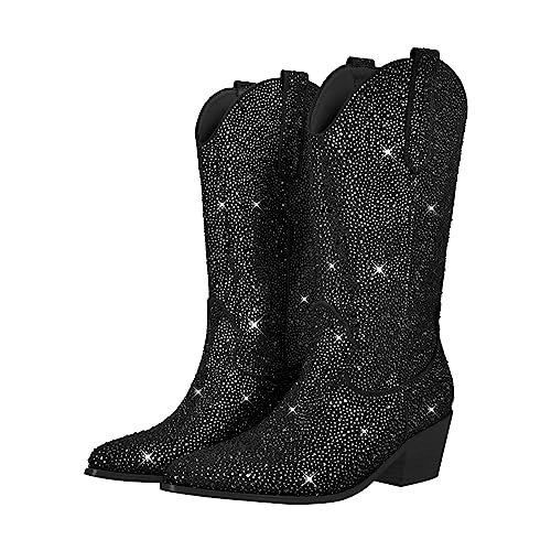 blingqueen Cowboy Stiefel Damen Glitzer Boots Western Absatz Schwarz 38 EU von blingqueen