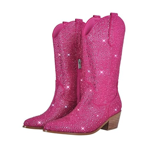 blingqueen Cowboy Stiefel Damen Glitzer Boots Westernstiefel Gestapelter Blockabsatz Pink 38 EU von blingqueen