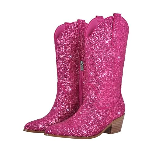 blingqueen Cowboy Stiefel Damen Glitzer Boots Westernstiefel Gestapelter Blockabsatz Pink 41 EU von blingqueen