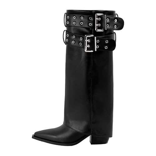 blingqueen Damen Blockabsatz Punk Stiefel Spitze Zehenkappe mit Verstellbaren Schnallen Schwarz 36 EU von blingqueen