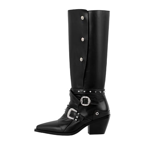 blingqueen Damen Blockabsatz Punk Stiefel Spitze Zehenkappe mit Verstellbaren Schnallen und Druckknöpfen Schwarz 36 EU von blingqueen