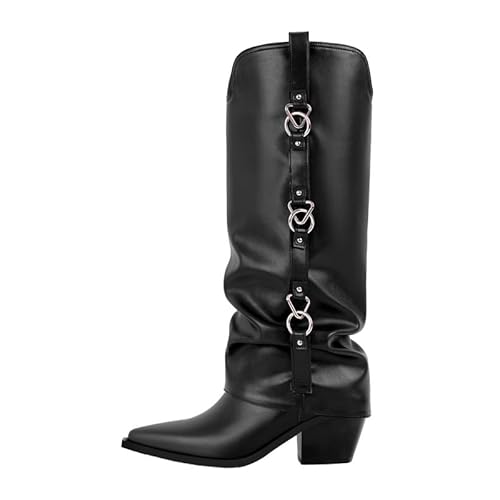 blingqueen Damen Blockabsatz Punk Stiefel V-Cut Spitze Zehenkappe mit Metallringe Verziert Schwarz 35 EU von blingqueen