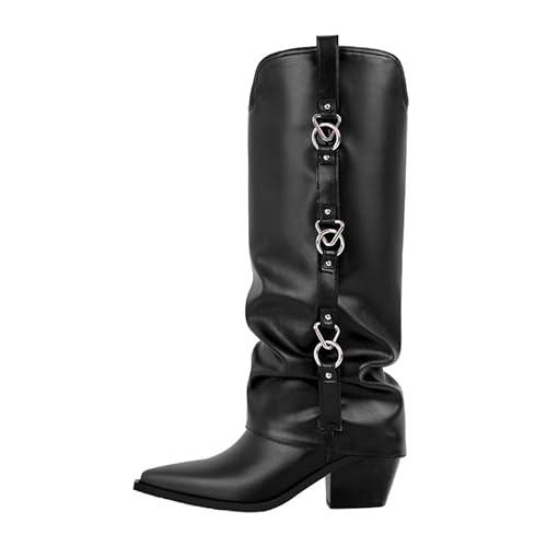 blingqueen Damen Blockabsatz Punk Stiefel V-Cut Spitze Zehenkappe mit Metallringe Verziert Schwarz 41 EU von blingqueen