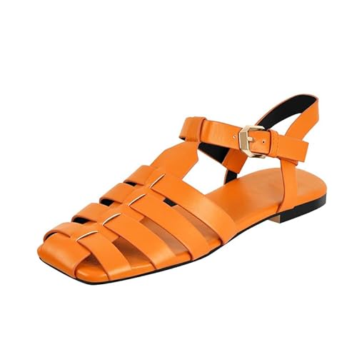 blingqueen Damen Flach Römersandalen Eckige Zehenkappe mit Verstellbarer Schnalle Orange 37 EU von blingqueen