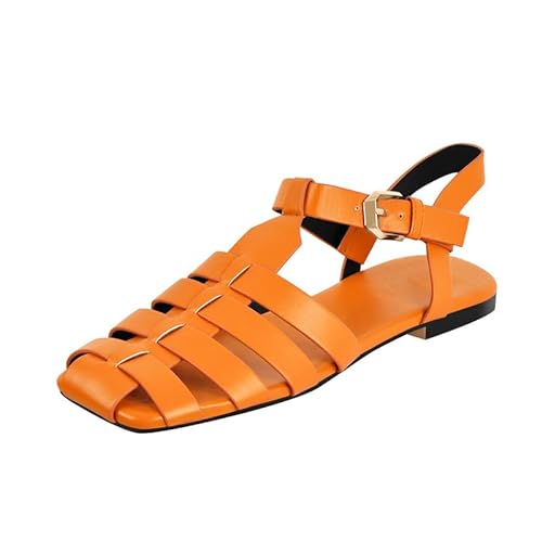 blingqueen Damen Flach Römersandalen Eckige Zehenkappe mit Verstellbarer Schnalle Orange 38 EU von blingqueen