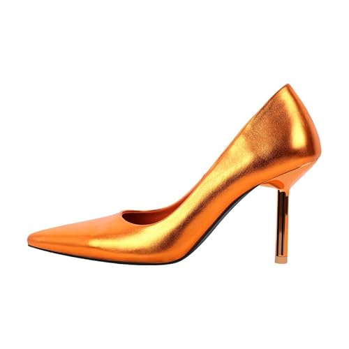 blingqueen Damen Klassische Absatzschuhe ohne Verschluss mit Spitze Zehenkappe und Metallic Lack Orange 46 EU von blingqueen