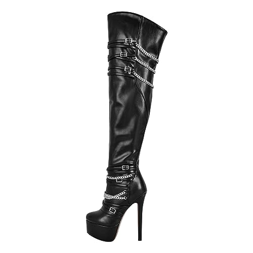 blingqueen Damen Overkneestiefel Plateau Stiefel Gothic Boots mit Ketten Schnallen Reißverschluss Stiefel Stiletto Absatz PU Schwarz 42 EU von blingqueen