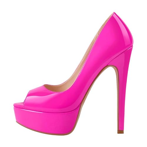 blingqueen Damen Peeptoe High Heels Pumps Plattform Stiletto Sommerschuhe Runde Offene Sandaletten Lackoptik Pink 44 EU von blingqueen