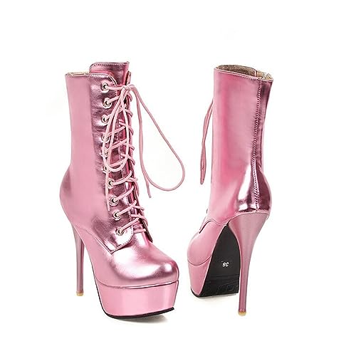 blingqueen Damen Plateau Stiefel Lace up Boots Stiletto Halbstiefel Metallic Pink 46 EU von blingqueen