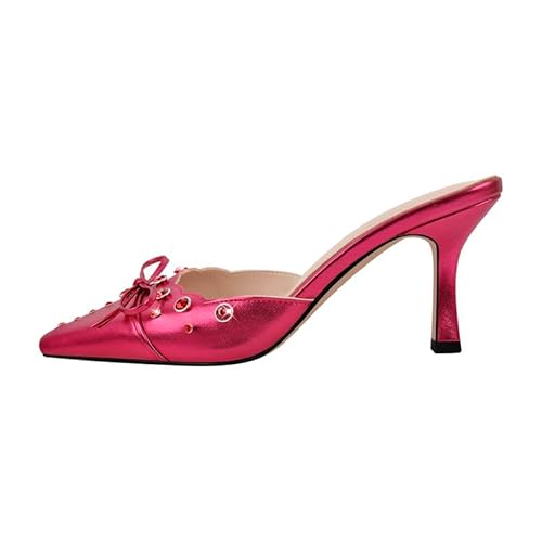 blingqueen Damen Slingback Spitze Sandalen Slip on mit Fliege und Strasssteinen PU Pink 35 EU von blingqueen