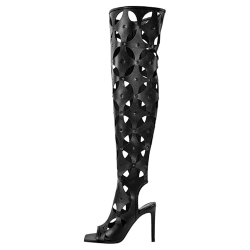 blingqueen Damen Sommer Stiefel Lochmuster Long Boots Eckige Zehenkappe mit Seitlichem Reißverschluss Slingback High Heels Schwarz 35 EU von blingqueen