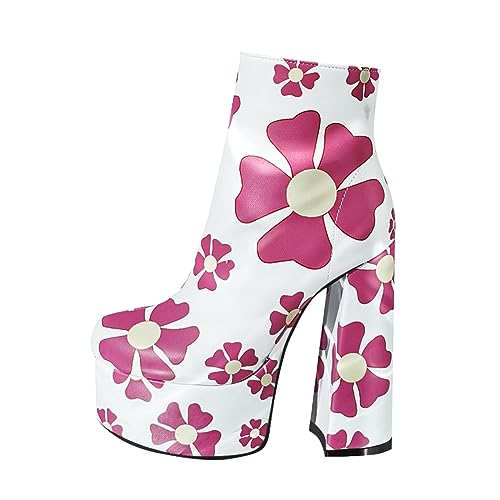 blingqueen Damen Stiefeletten Plateau Ankle Boots Chunky Blumen Weiß Pink 39 EU von blingqueen