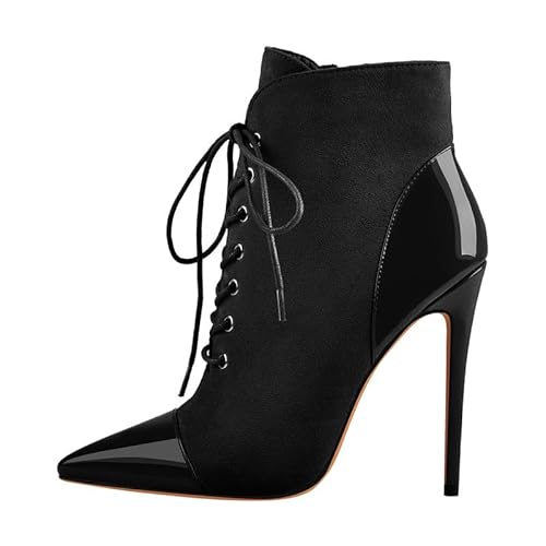 blingqueen Damen Stiefeletten Spitze High Heels Kurzschaft Stiefel mit Stiletto Absatz Schnürboots Lack und Flanell Schwarz 46 EU blingqueen Damen Stiefeletten Spitze High Heels Kurzschaft Stiefel mit Stiletto Absatz Schnürboots Lack und Flanell Schwarz 46 EU von blingqueen