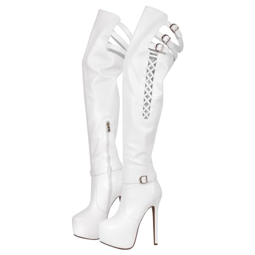 blingqueen Plateau Stiefel für Damen Stiletto Punk Boots Overknee Weiß 42 EU von blingqueen