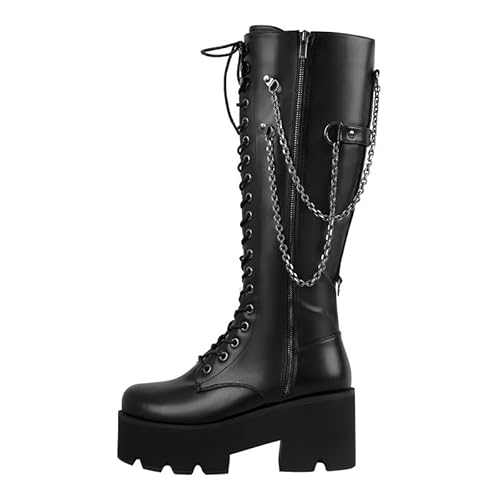 blingqueen Unisex Biker Boots Plateau Stiefel Blockabsatz Schnürstiefel mit Ketten Punk Stil Schwarz 35 EU von blingqueen