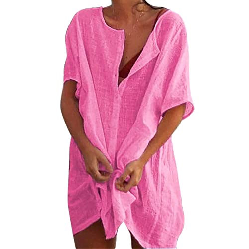 bolukets Damen Strandkleid Bikini Cover Up Sommer Strandponcho Rund Neck Bademode Loungewear Strandkleid Vertuschungen Casual Hemdkleid Strand Vertuschen Shirt für Strandurlaub Badeanzug,Rosa,L von bolukets