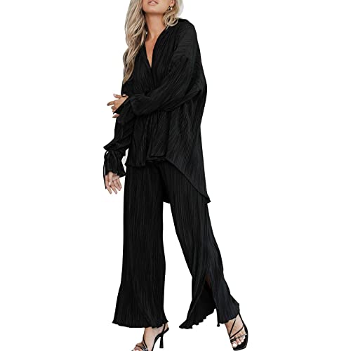 bolukets Damen Zweiteiler Plissee Casual Outfits Revers Knopfleiste Langarmshirt + Hoher Taille Weite Hose Elegant Hosenanzug Loungewear Streetwear Lose Freizeithose Bluse,A-Schwarz,S von bolukets