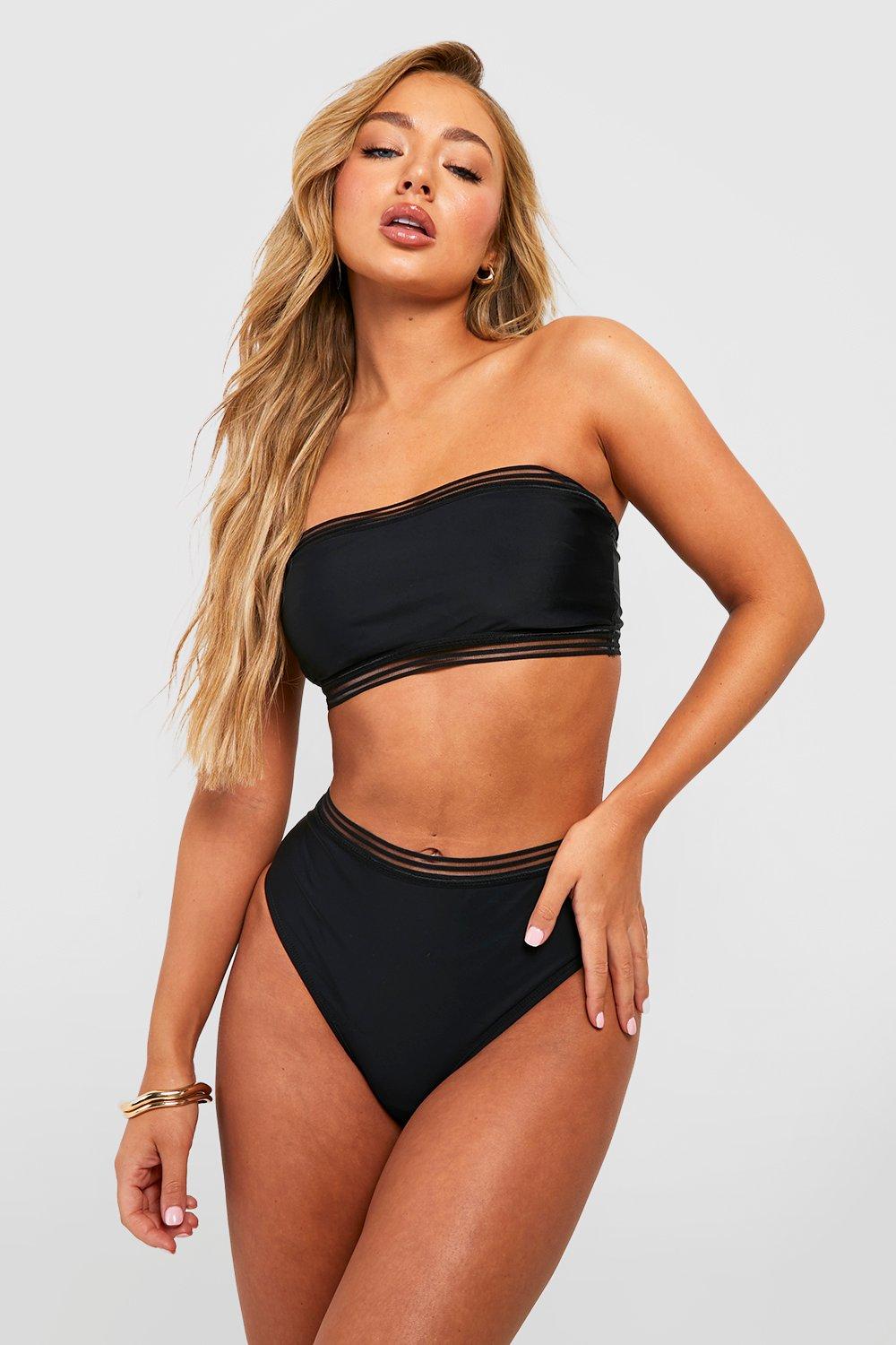 Bandeau-Bikini Mit Hohem Bund Und Mesh-Detail - Schwarz - 36, Schwarz von boohoo