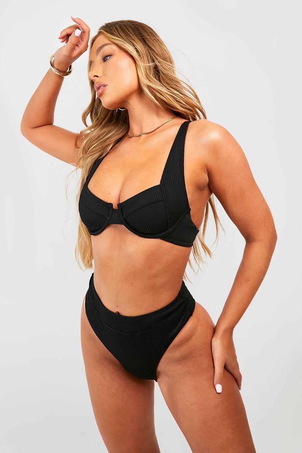 Geripptes Bikinioberteil Mit Bügeln - Black - 36, Black von boohoo