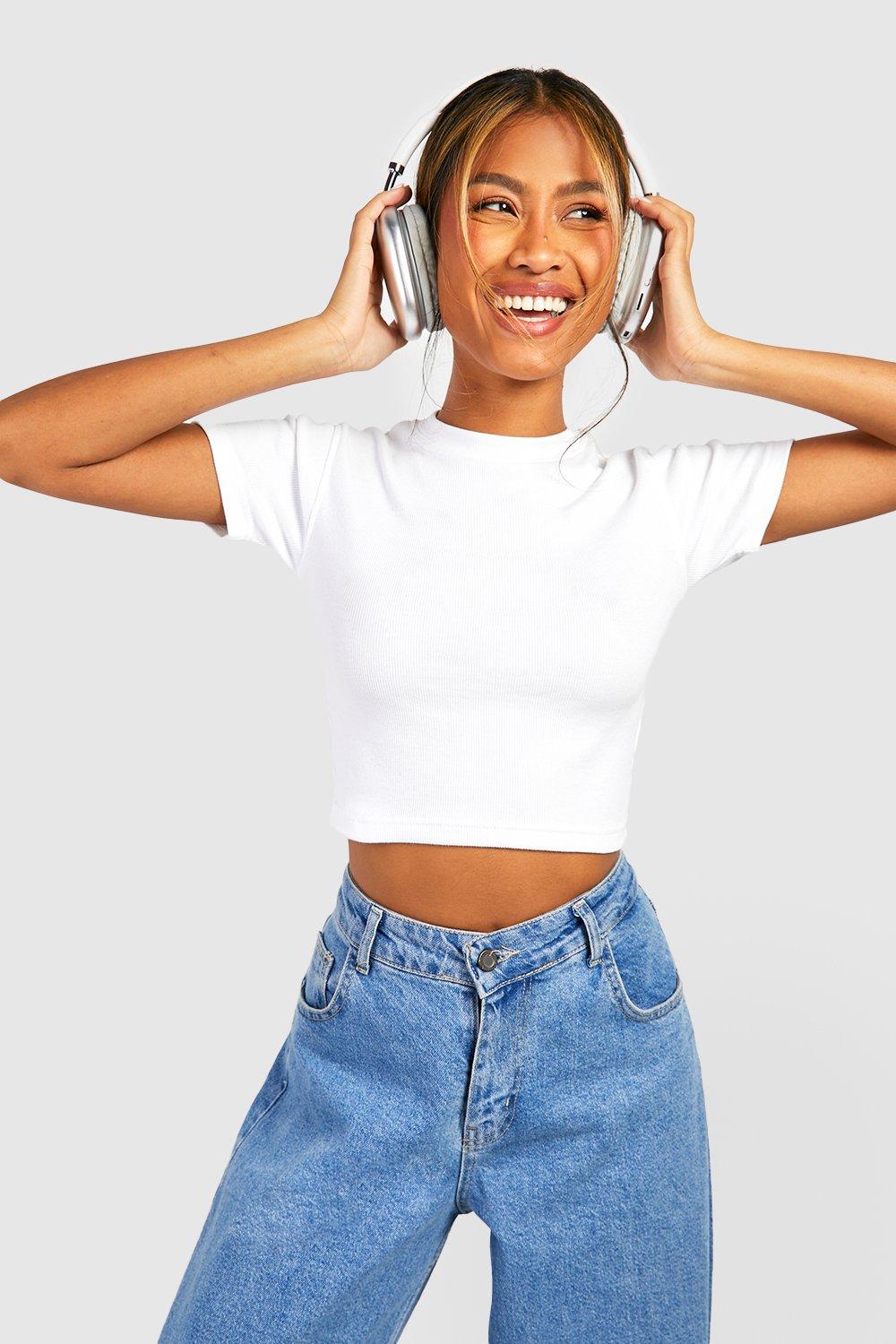 Kurzärmliges Geripptes Basic Rundhals Crop Top - White - 32, White von boohoo