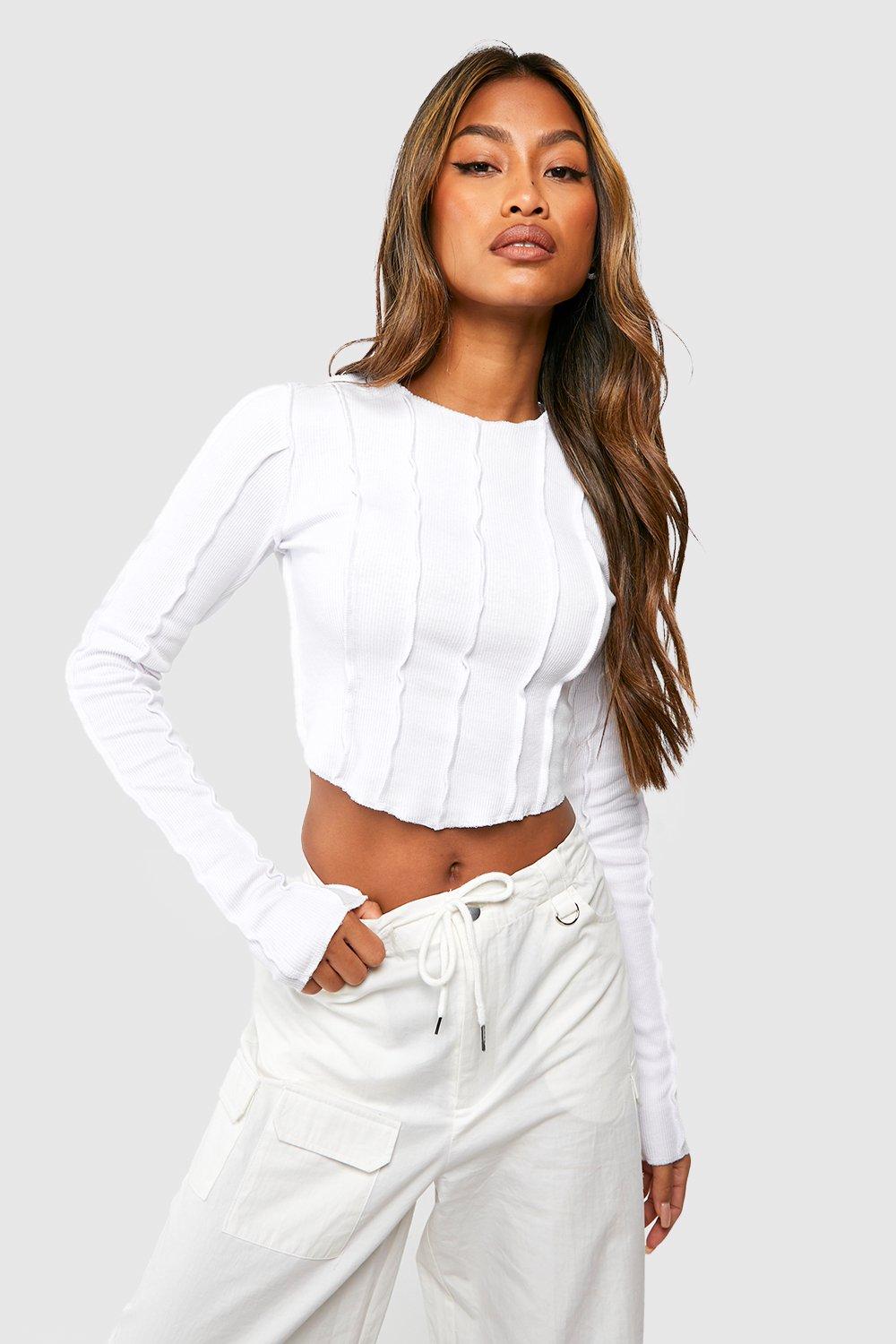 Langärmliges Geripptes Crop Top - White - 32, White von boohoo