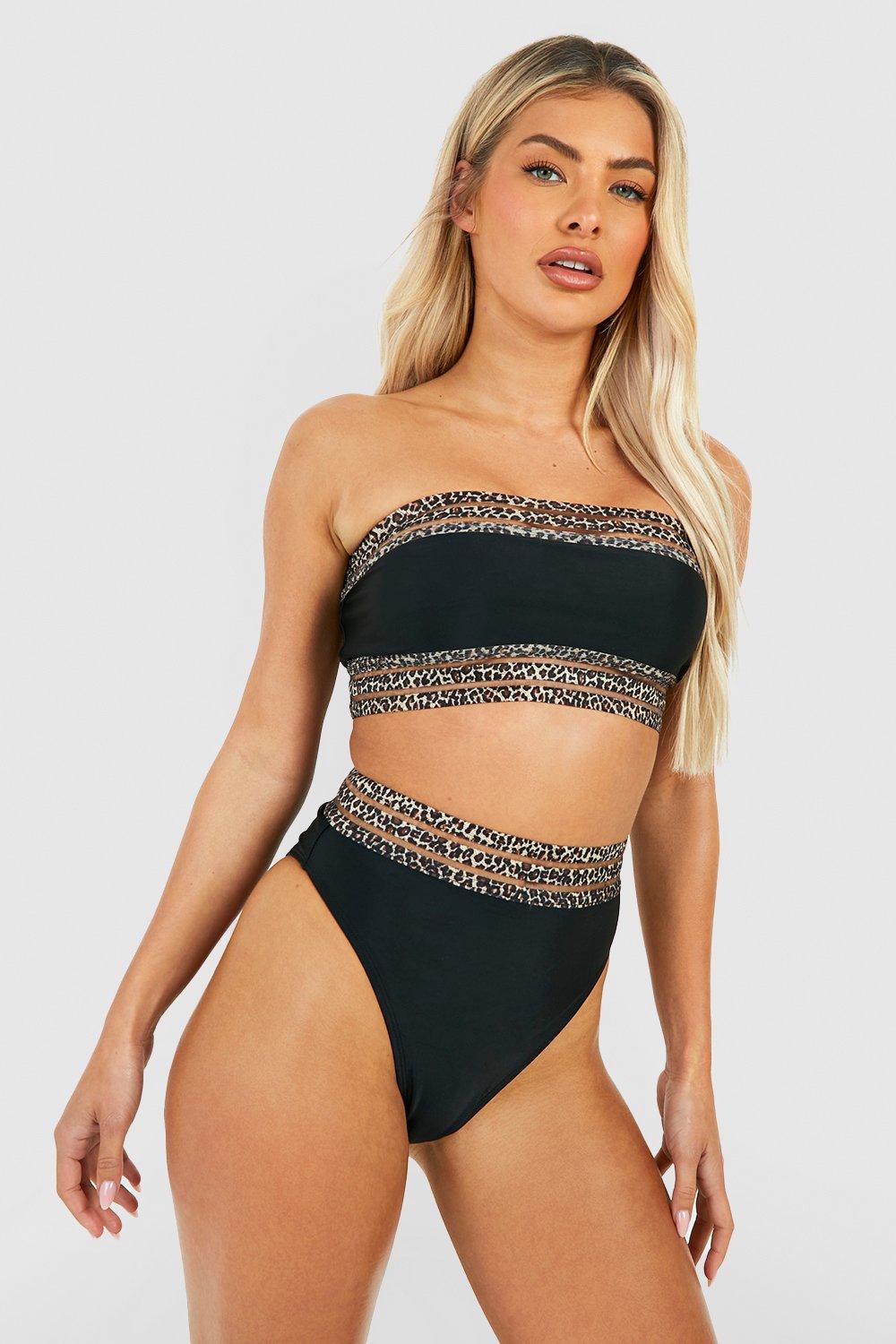 Leopardenprint Bandeau-Bikini Mit Mesh-Detail - Black - 36, Black von boohoo