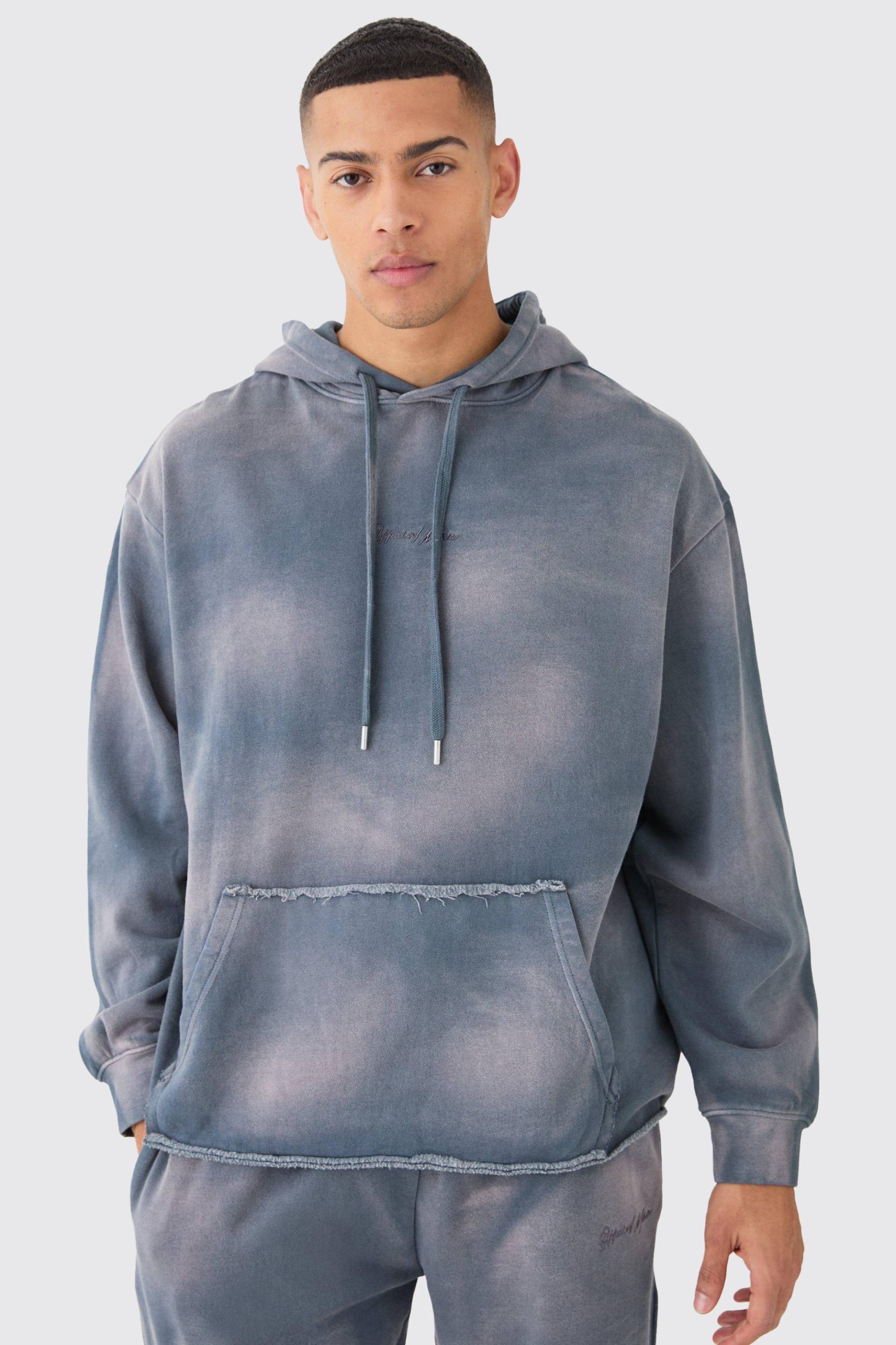 Man Embroidery Oversized Sun Bleached Wash Hoodie - Charcoal - L, Charcoal von boohoo