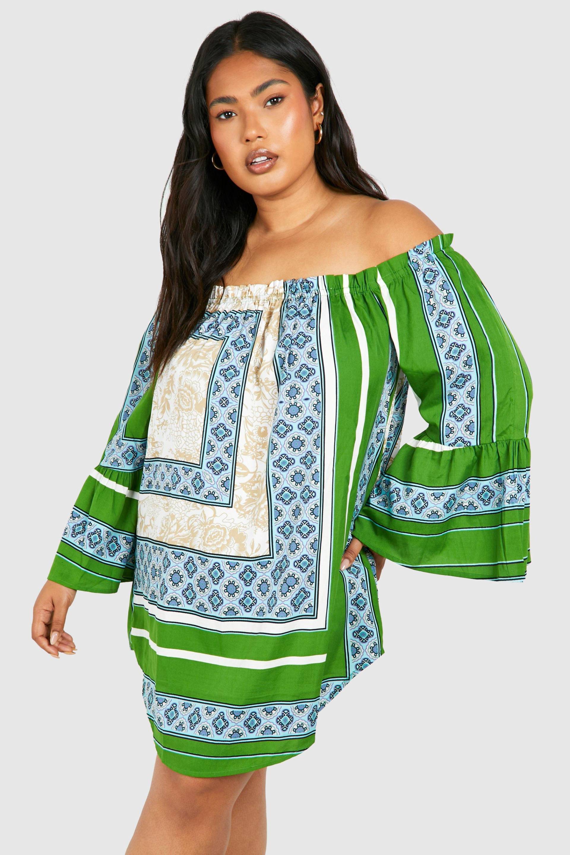 Plus Tunika-Kleid Mit Print - Green - 44, Green von boohoo