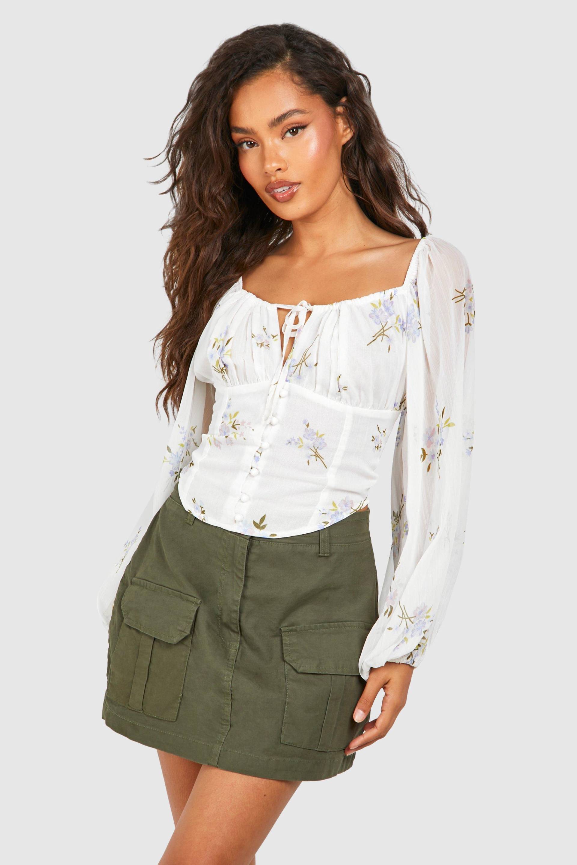 Womens Floral Printed Corset Detail Crop Top - White - 10, White von boohoo