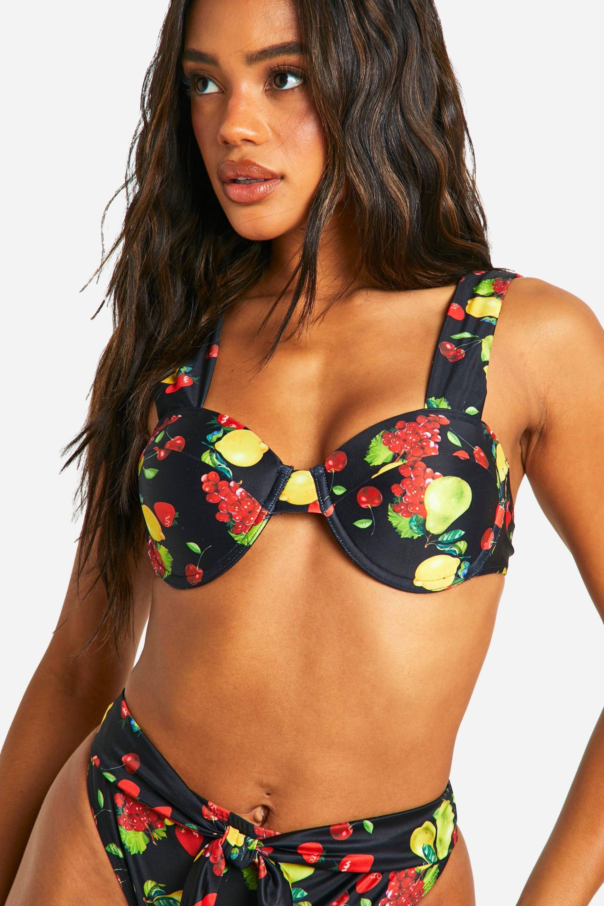 Womens Fruit Print Underwired Bikini Top - Black - 10, Black von boohoo