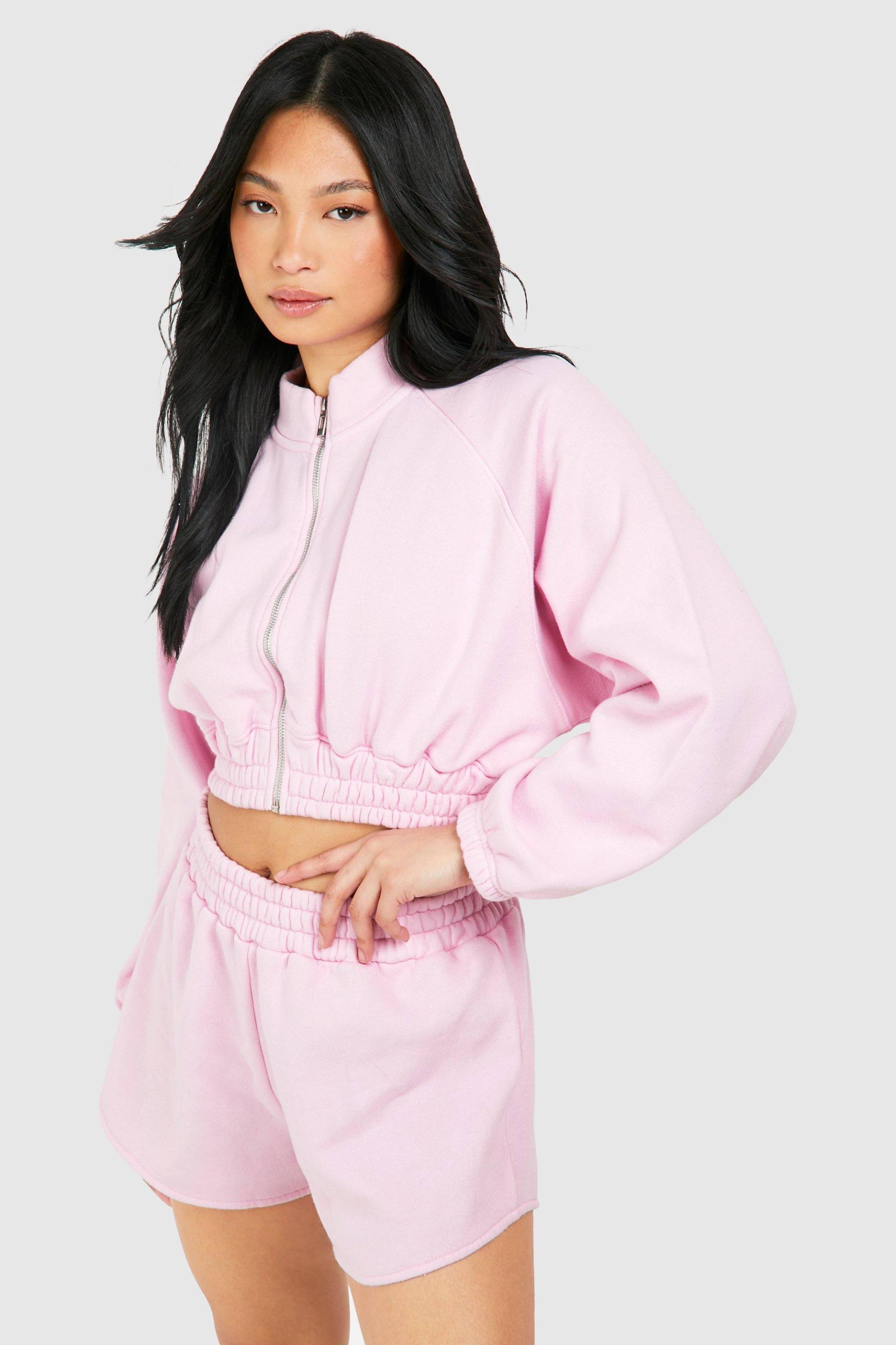 Womens Petite Washed Cropped Bomber Short Tracksuit - Baby Pink - M, Baby Pink von boohoo