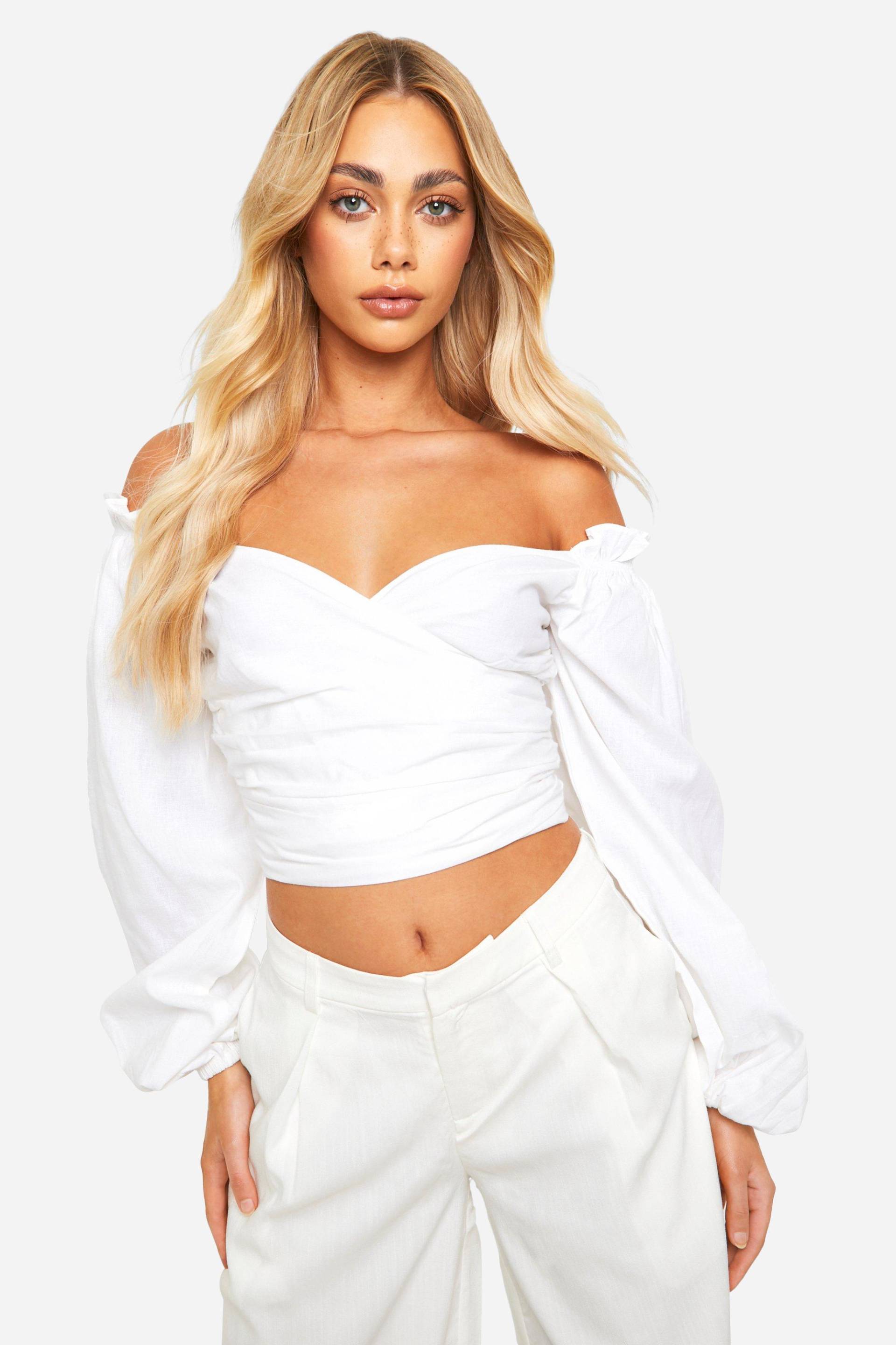 Womens Volume Sleeve Bardot Crop - White - 10, White von boohoo