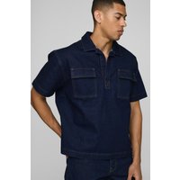 Kurzärmliges Denim Rugby-Hemd mit Indigo-Waschung - L, Indigo Kurzärmliges Denim Rugby-Hemd mit Indigo-Waschung - L, Indigo von boohooman