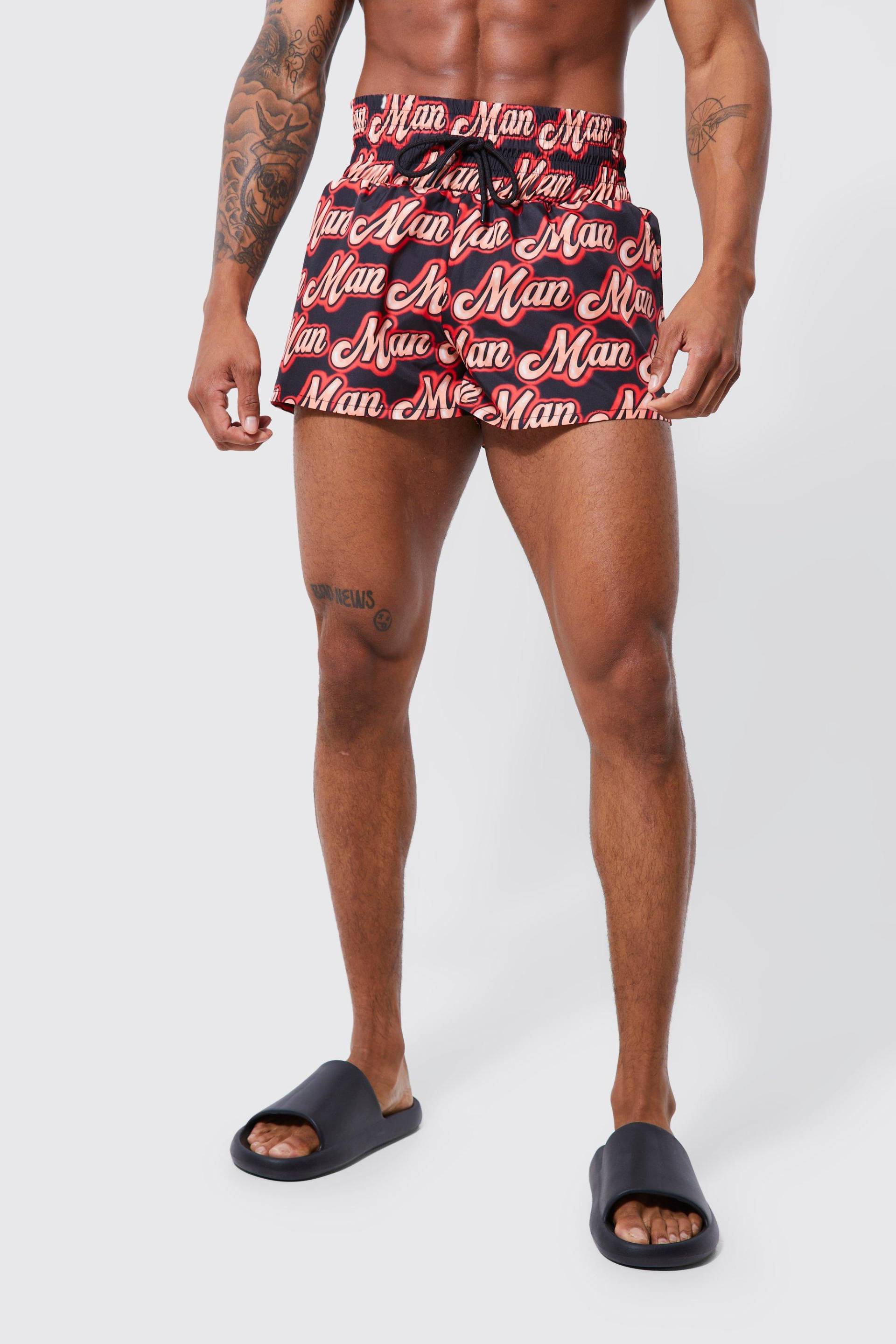 Mens Badehose mit Man-Print - Rot - M, Rot von boohooman