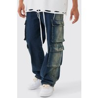 Mens Baggy Rigid Elastic Waist Acid Washed Cargo Jeans In Antique Blue - Blau - 28R, Blau von boohooman