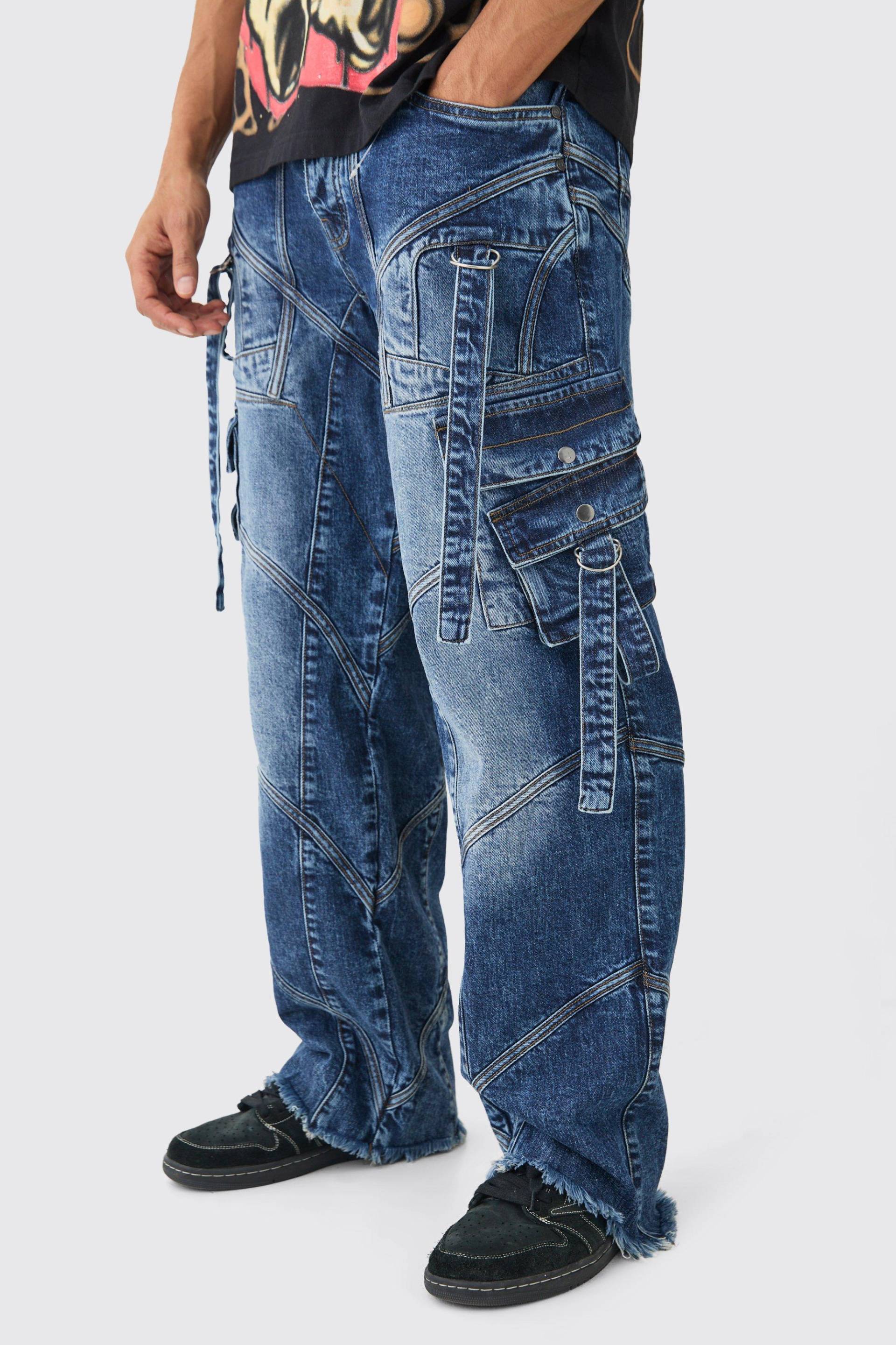 Mens Baggy Rigid Strap And Buckle Detail Jeans In Light Blue - Indigo - 28R, Indigo von boohooman