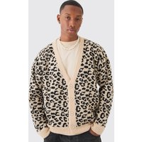 Mens Boxy Oversized Leopard All Over Jacquard Cardigan - Grau - L, Grau von boohooman