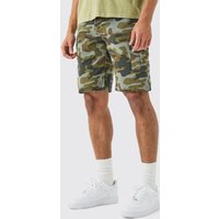 Mens Camo Fixed Waist Straight Cargo Shorts - Khaki - 28, Khaki von boohooman