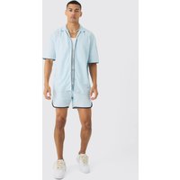 Mens Dropped Revere Linen Piped Shirt & Smart Short Set - Blau - XL, Blau von boohooman