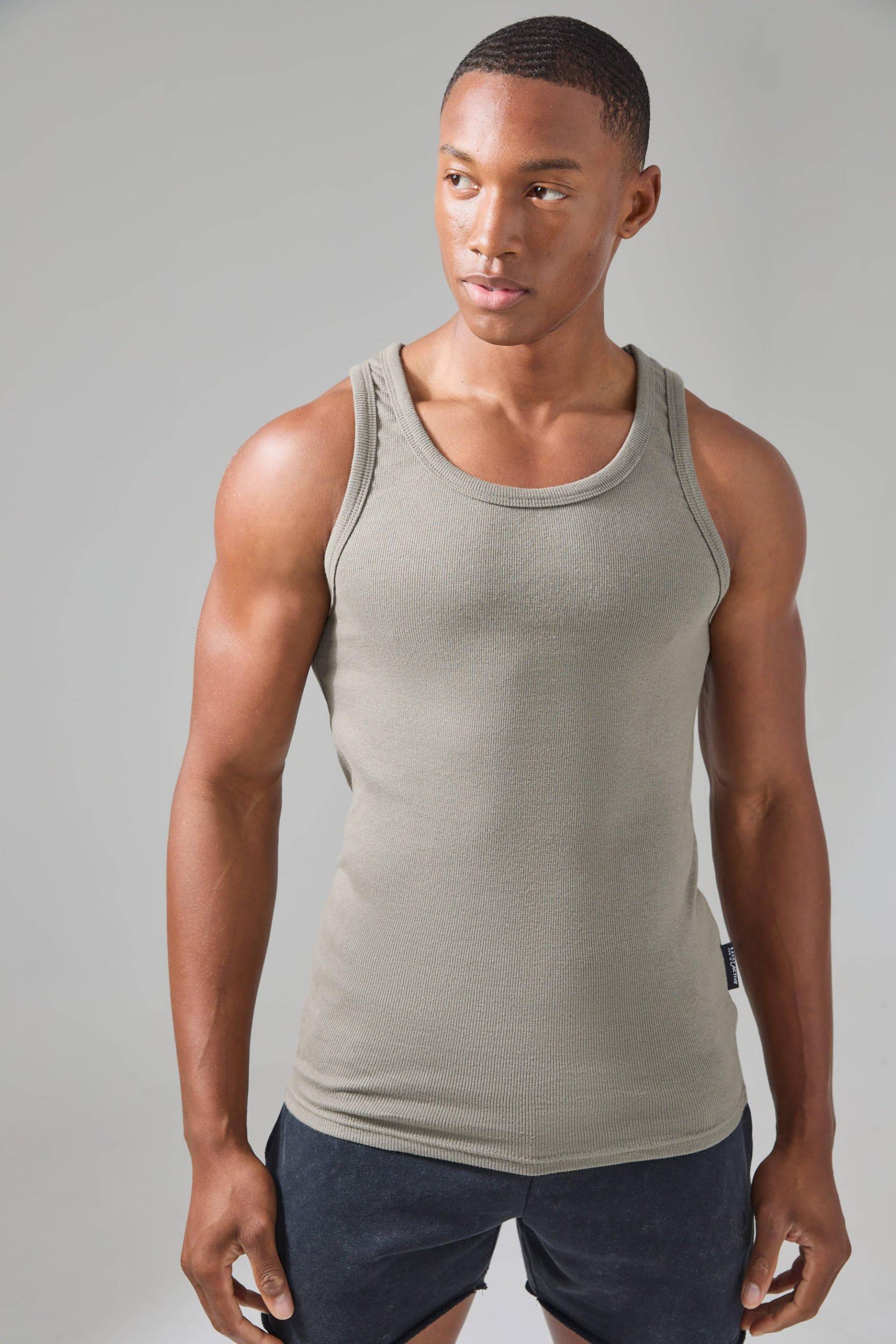 Mens Man Active Gym Muscle Fit Ribbed Vest - Khaki - L, Khaki von boohooman