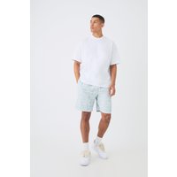 Mens Man Oversized Extended Neck T-shirt And Jacquard Shorts Set - Blau - M, Blau von boohooman