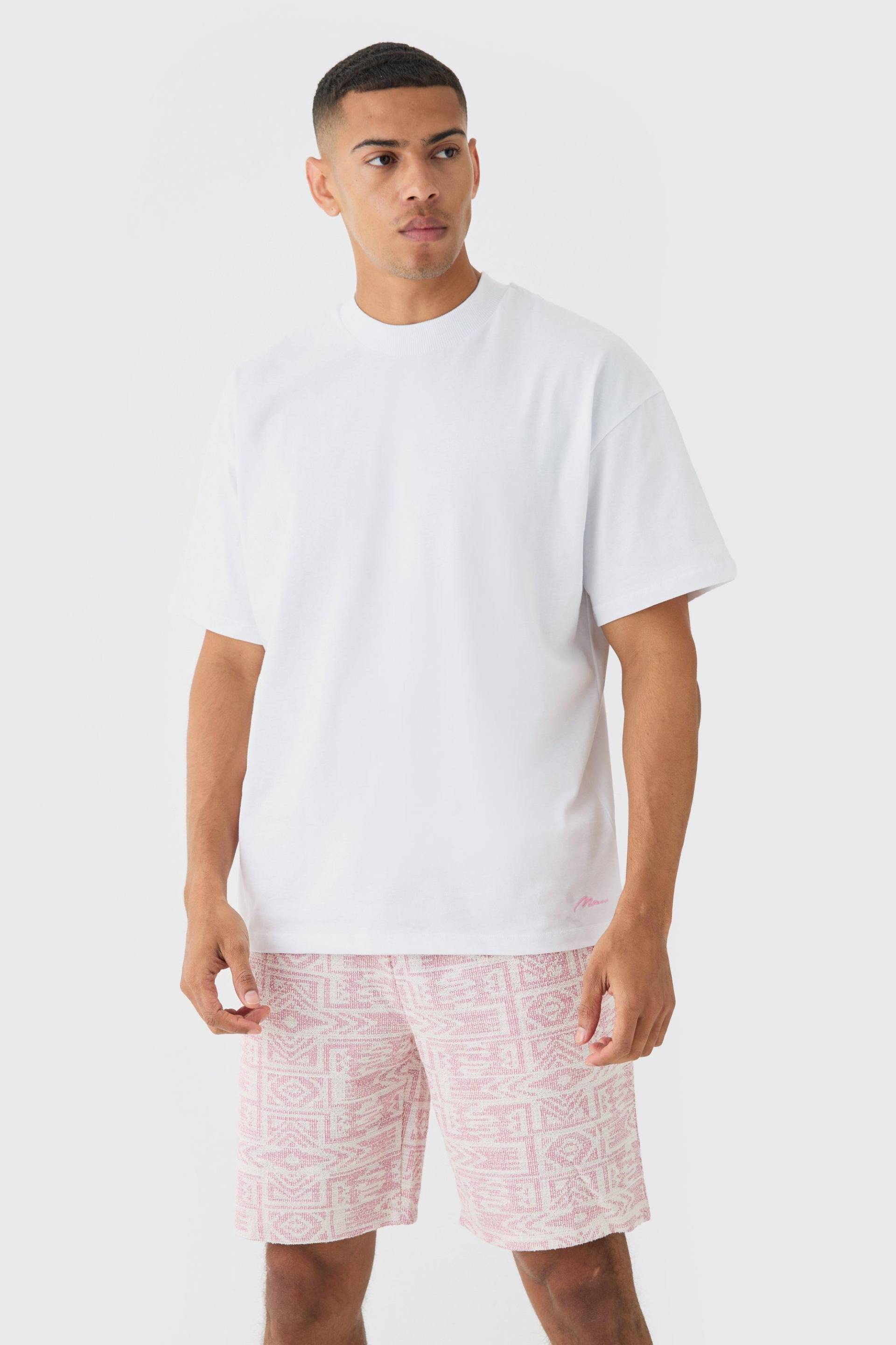 Mens Man Oversized Extended Neck T-shirt And Jacquard Shorts Set - Rosa - L, Rosa von boohooman