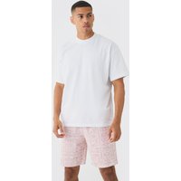 Mens Man Oversized Extended Neck T-shirt And Jacquard Shorts Set - Rosa - M, Rosa von boohooman