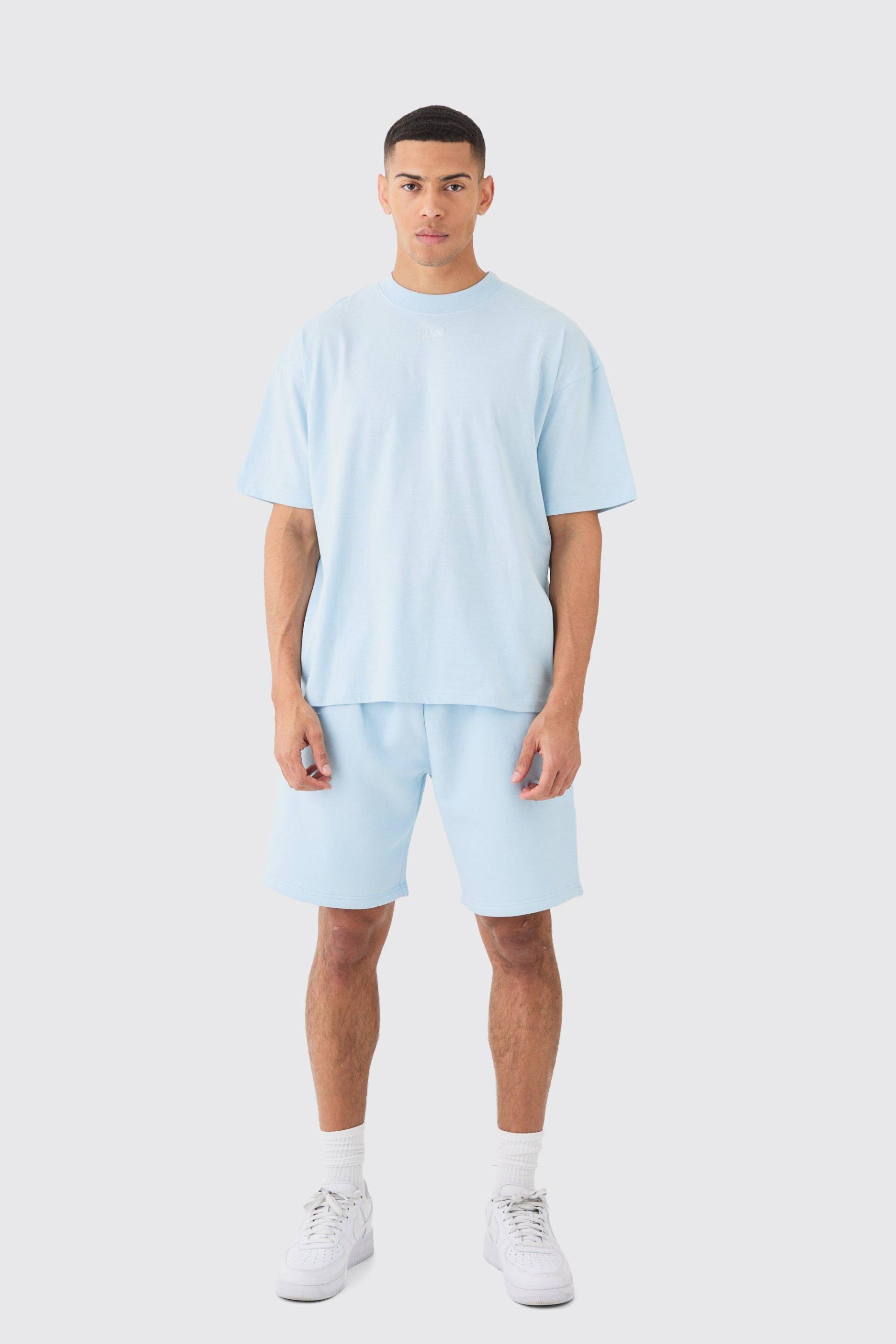 Mens Man Oversized Extended Neck T-shirt And Relaxed Short Set - Blau - L, Blau von boohooman