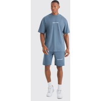 Mens Oversize Limited T-Shirt mit rohem Saum und Shorts - Blau - L, Blau von boohooman