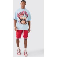 Mens Oversize T-Shirt Basketball-Set mit Teddy-Print - Blau - M, Blau von boohooman