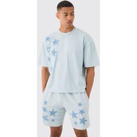 Mens Oversized Acid Wash Denim Stars Applique T-shirt & Shorts Set - Blau - XL, Blau von boohooman