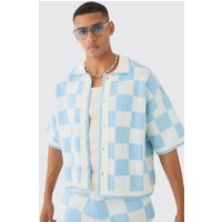 Mens Oversized Boxy Check Knitted Shirt - Blau - XL, Blau von boohooman